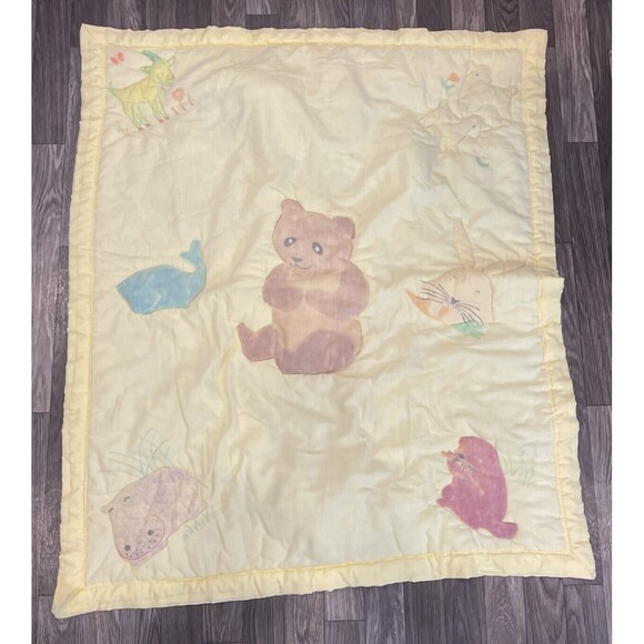 Homemade Baby comforter Quilt Crib Bedding Yellow Vintage Animals - Picture 1 of 12